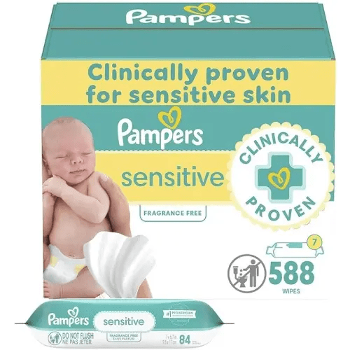 Pampers Baby Wipes Sensitive, Water Based Wipes, Hypoallergenic and Unscented for Babies, 588 Wipes Total (7 Refill Packs)