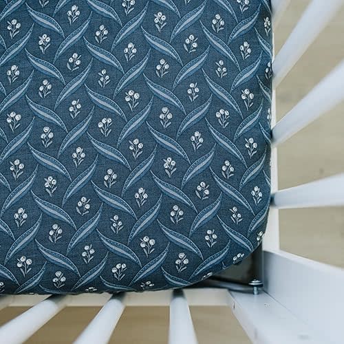 Navy Berry Muslin Crib Sheet by Mebie Baby, Soft and Breathable Bed Sheets for Babies, Modern Neutral Bedding for Cribs, Standard Crib Mattress Fitted Sheet, Great for Boy or Girl Room or Nursery