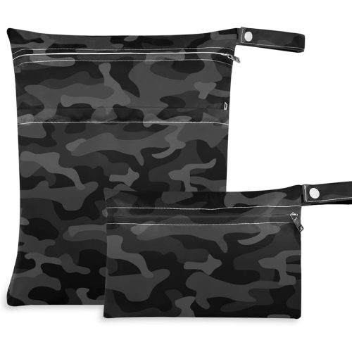 Camo Pattern Wet Dry Bags Sets Waterproof Reusable Travel Beach Baby Cloth Diaper Wet Dry Bags Organizer with Two Zippered Pockets for Swimsuit and Gym,2Pack