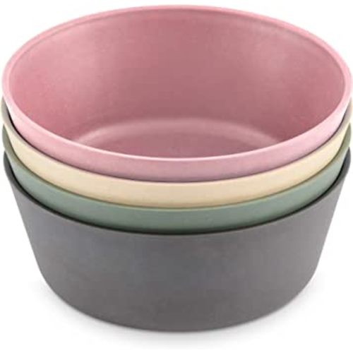 WeeSprout Bamboo Kids Bowls, Set of Four 10 oz Kid-Sized Bamboo Bowls, Dishwasher Safe Kid Bowls (Pink, Green, Gray, & Beige)