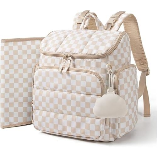mommore Diaper Bag Backpack, Baby Bag with Waterproof Changing Pad and Stroller Straps for Toddler, Diaper Backpack for Mom Dads with Insulated Pockets & Pacifier Case, Baby Essential, Checkered Khaki
