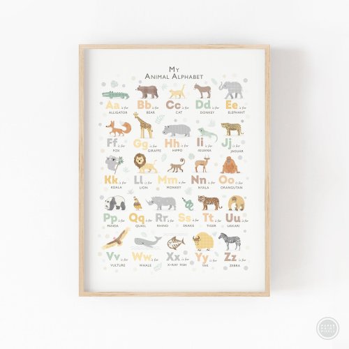 Safari Animal Alphabet print, Neutral Nursery decor, Nursery wall art, Perfect First Birthday Gift, Ideal for a Jungle Nursery Baby Shower