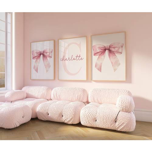Pink Bow Wall Art, Custom Initial Name Art, Pink Girly Art, Pink Nursery Set of 3, Pink Bow Watercolor Print, Pink Bow Decor 422H