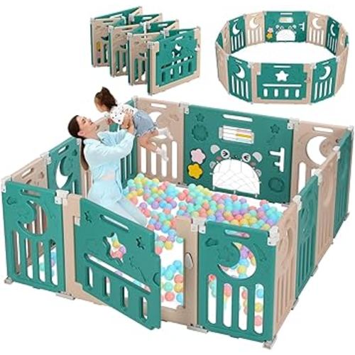 Baby Playpen, Dripex Baby Playard for Babies and Toddlers, 14-Panel Foldable Playpen Adjustable Portable Play Area, Indoor/Outdoor Kids Active Center with Game Panel & Safety Gate, Green White
