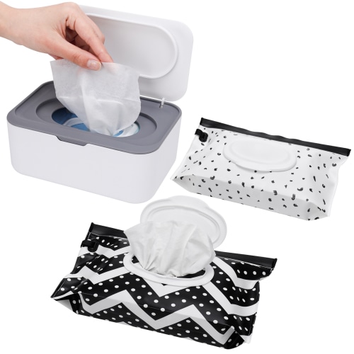 Rumbeast Baby Wipes Dispenser with 2 Pack Pouch Bags, Refillable Wipes Case with Lids and Sealing Design, Flushable Storage Box