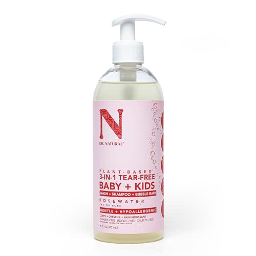 Dr. Natural 3-in-1 Tear-Free Baby Plus Kids Soap - Head-to-Toe Soap and Shampoo - Sensitive Skin Moisturizing Body Wash - Rosewater - 16 oz