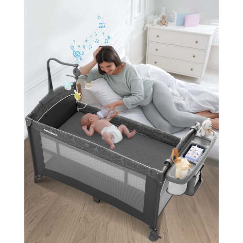 5 in 1 Baby Bassinet Bedside Crib, Easy Folding Portable Playards, Pack and Play with Mattress, Diaper Changer and Music Mobile Pink