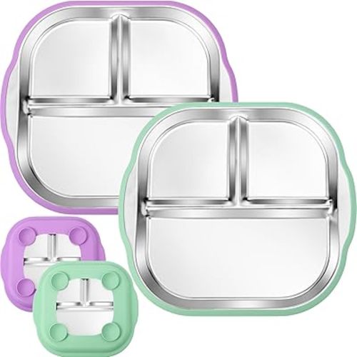 BUSOHA 2 Pack Stainless Steel Kids Plate with Suction - 9.4"X 8.6" Divided Toddler Baby Plates with Silicone Sleeves Non-Slip 2-in-1 Anti Breakage Metal Toddler Bowls