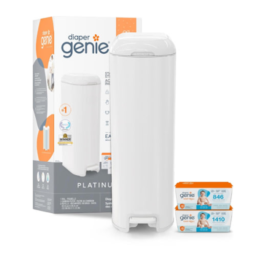 Diaper Genie Platinum Pail Gift Set, Lily White, Made of Durable Stainless Steel and Includes 2 Easy Roll Refills with 18 Bags and 30 Bags