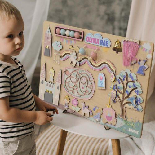 Pink Busy Board, Princess Nursery Decor, Unique Toddler Birthday Gift, Learning Puzzle for Girl, 1st Birthday Gift, Montessori Sensory Toy