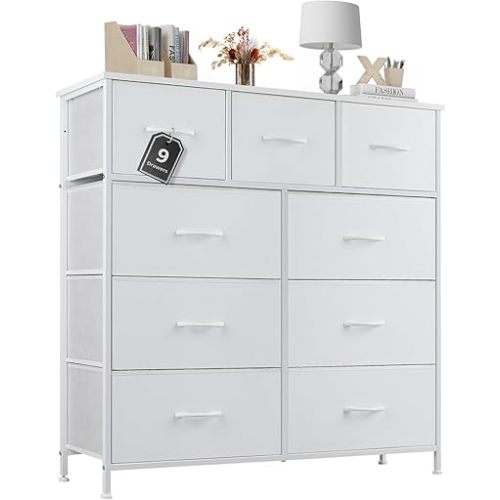 Sweetcrispy Dresser for Bedroom with 9 Storage Drawers, Large Fabric Storage Tower Organizer, Chest of Drawers with Metal Frame Wooden Top for Closet, Living Room, Entryway, White