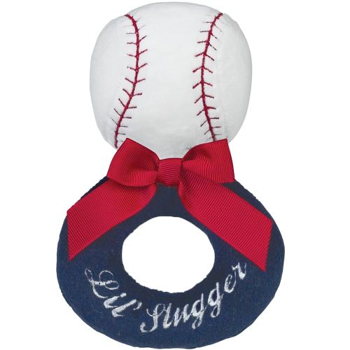 Bearington Baby Lil’ Slugger, 5.5 Inch Red, White and Blue Plush Stuffed Baby Baseball Soft Ring Rattle - Baseball Toys