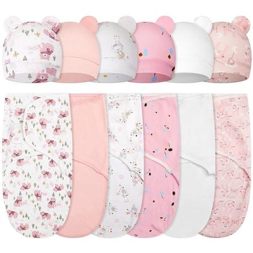 Ramede 6 Pack Swaddle Blanket with Hats for Baby Girl Boy 100% Cotton Swaddles 0-3 Months, Adjustable Breathable Skin Friendly Receiving Blanket Wrap, Essential for Newborns(Bear,Pink)