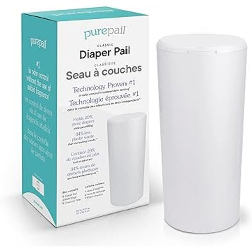 Classic Diaper Pail – White, Blocks Odors with No Added Fragrance, Holds 20% More Diapers & Generates Less Waste, No Cutting, No Canisters, Includes 1 Pail + 2 Refill Bags + 1 Charcoal Filter