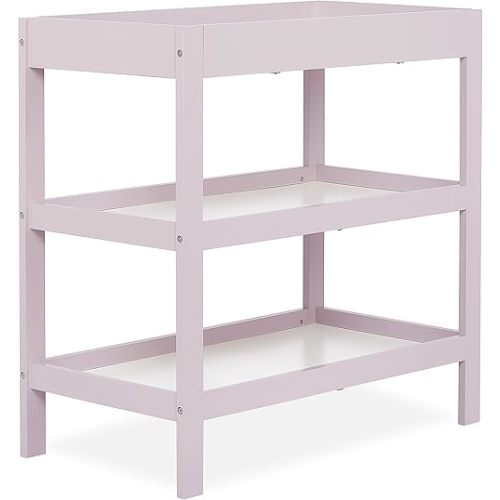 Dream On Me Ridgefield Changing Table in Blush Pink and White, built of reclaimed New Zealand pinewood, comes with a water resistant mattress pad & two spacious shelves