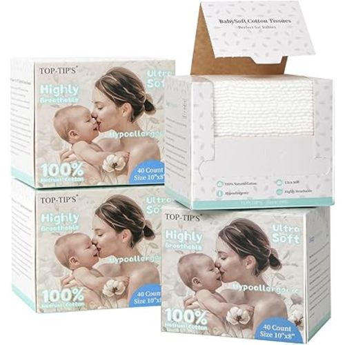 Top-Tip's BabySoft 100% Pure Cotton Disposable Face Towels, Lint-Free Dry Wipes for Babies and Sensitive Skin, Ultra Soft Facial Tissue, 7.88”x10”, 40 Count