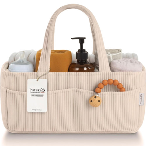 PUTSKA Baby Diaper Caddy Organizer for Changing Table – Stylish Nursery Storage Basket, Newborn Essentials, Baby Shower Gifts and Registry Must-Haves for Boy or Girl, Car Diaper Caddy, Corduroy Cream