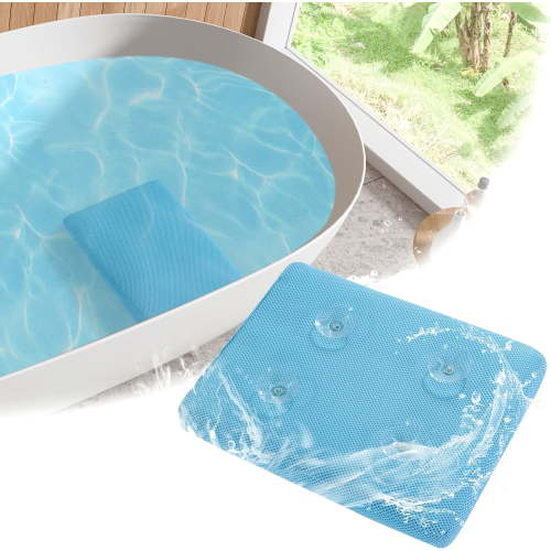 Bath Cushion for Tub with Powerful 4 Non-Slip Suction Cups,Quick Dry Mesh Bathtub Mat,Spa Pillow Bath Accessories for Adults Indoor Outdoor (Blue)