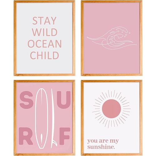 BearCake Ocean Nursery Wall Art Set of 4 UNFRAMED - Coastal Summer Beach Ocean Wall Decor for Toddler Kids Boys Girls Room Playroom, You are My Sunshine Wall Decor, 8x10 Inches pink