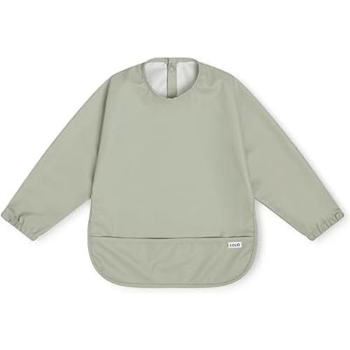 Lalo Smock Bib - Long Sleeve Baby Bib, Elastic Cuffs for Comfort, Large Catch-All Pocket, Waterproof Recycled Polyester - Durable Baby Smock Bib for Mealtime & Playtime - Ages 6-24 Mo. - Sage