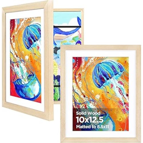 KINLINK 10x12.5 Kids Art Frame Set of 2, Solid Wood Kids Artwork Frames Changeable with Front Opening Hold 150 Pictures, Art Frames for Kids Art with Mat，without Mat 10x12.5 Picture Frame Natural