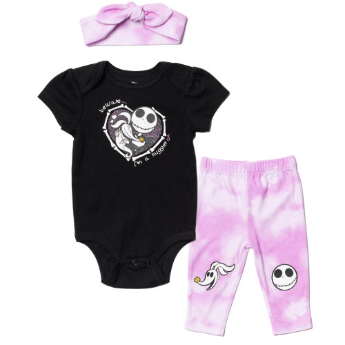 Disney Nightmare Before Christmas Jack Skellington Zero Infant Baby Girls Bodysuit Pants and Headband 3 Piece Outfit Set Newborn to Infant