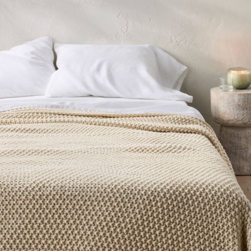 Full/Queen Chunky Knit Bed Blanket Natural - Casaluna™: Acrylic Sweater Knit, Year Round Comfort, Machine Washable