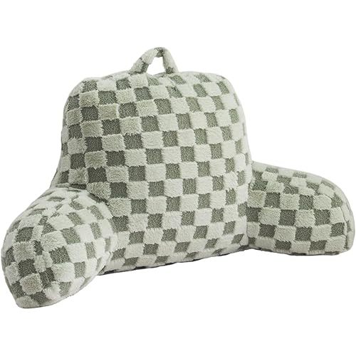 Aimuan Reading Pillow Checkered Bed Rest Wedge Backrest Checkerboard Pillow with Arms Back Support for Sitting Up in Bed Cushion Incline Rest Sleeping Snoring Pillow, Light Green Large