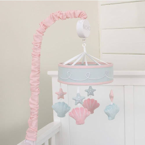 NoJo – Sugar Reef Mermaid Whimsy Musical Mobile, Nursery Crib Changing Table Musical Mobile – Aqua and Pink Shells and Star Fish