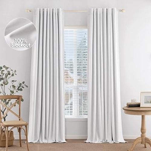 MIULEE 100% Blackout Curtains 90 inches Long Linen Curtains & Drapes for Bedroom Back Tab Living Room Darkening Full Black Out Window Curtain Panels Rod Pocket, White, 2 Panels Set