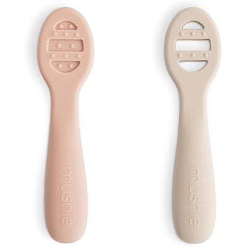 mushie Silicone First Feeding Baby Spoons | 2 Pack (Blush/Shifting Sand)
