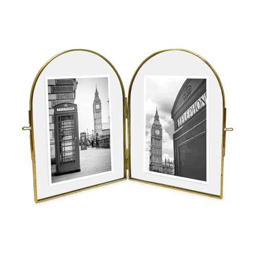 Isaac Jacobs 5x7 Vintage Style, Double-Sided Arched Brass & Glass Metal Floating Picture Frame with Locket Closure (Vertical), Made for Tabletop Display (5x7 Vertical, Antique Gold)