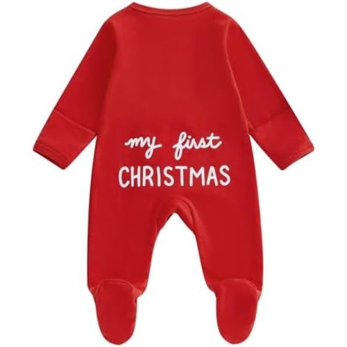 BULINGNA Newborn Baby Girl Boy My First Christmas Jumpsuit Long Sleeve Letters Print Footies Romper with Zipper Fall Clothes