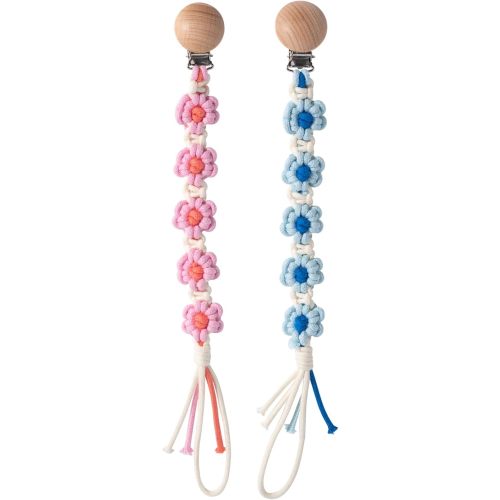Pacifier Clip for Boys Girls Floral Daisy Macrame Paci Clip Pacifier Holder Leash Boho Wooden Clips Handmade Braided Cotton Unisex Baby Shower Birthday Gift