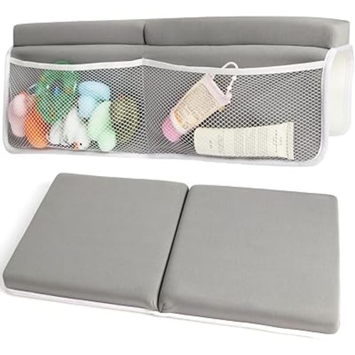 CHILDHOOD Bath Kneeler and Elbow Rest Pad Set - Painless Foam with Toy Organizer Pockets, Foldable, Quickly Dry Bathtub Kneeler and Elbow Rest Set for Baby Bathing Parents (Grey)