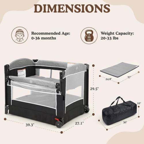Kinder King 4-in-1 Portable Baby Pack and Play Bedside Crib with Bassinet, Changing Table, Storage Basket, Side Zipper & Travel Bag, Dark Gray