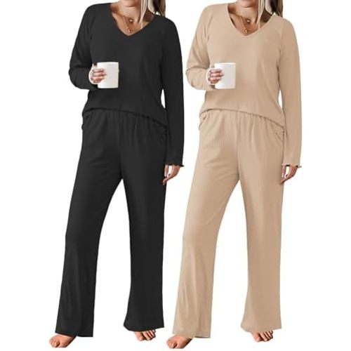 Ekouaer 2 Pack:Womens Ribbed Knit Pajama Set with Pockets Long Sleeve PJs V Neck Soft Loungewear Loose Matching Outfits Set