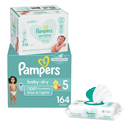 Diapers Size 5, 164 Count and Baby Wipes - Pampers Baby Dry Disposable Baby Diapers, ONE MONTH SUPPLY with Baby Wipes Sensitive 6X Pop-Top Packs, 336 Count (Packaging May Vary)