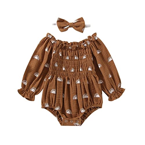 Toddler Baby Girls Floral Print Romper Long Sleeve Off Shoulder Ruched Playsuit Newborn Outfits with Headband