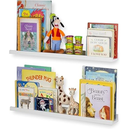 Wallniture Denver Floating Shelves for Kids Room Decor, 30" White Kids Bookshelf Picture Frames Ledge Shelves, Toddler Toys Storage, Set of 2