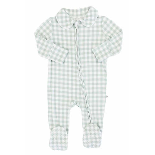 Peter Pan Collar Zipper Footie in Moss Gingham | Caden Lane