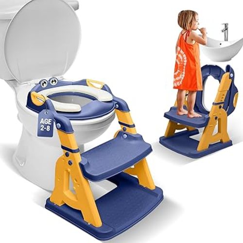 2-in-1 Cushioned Potty Seat with Ladder – Foldable Toddler Toilet Seat & Toddler Step – Step Up Potty Chair With Splash Guard for Boys & Girls – Toilet Training for Kids Aged 2-8