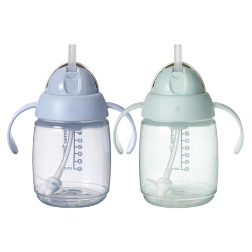 Tommee Tippee Starter Straw Cup, Easy Transition Toddler Cup For 6 Months+, 10oz, with Silicone Weighted Straw and Easy-Hold Handles, Pack of 2, Blue and Green