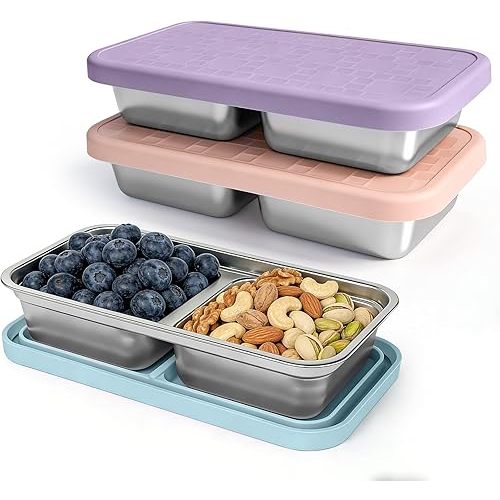 3 Pack 15 oz Stainless Steel Snack Containers for Kids, Reusable Metal Snack Containers with Silicone Lids, 2 Compartment Stackable Metal Toddler Lunch Box for Daycare, School and Outdoor