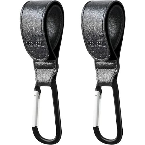 Stroller Hooks for Hanging, 2 PCS Durable Leather Style Stroller Clip Straps, Baby Stroller Hooks for Diaper Bags Grocery Shopping Bags, Mommy Hook for Stroller (Brown)