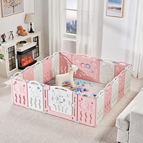 Albott Baby Playpen, Upgraded 18 Panels Foldable Baby Fence with Game Panel and Safety Gate, Adjustable Shape, Portable Baby Play Yards for Children Toddlers Indoors or Outdoors (Pink+White,18 Panel)