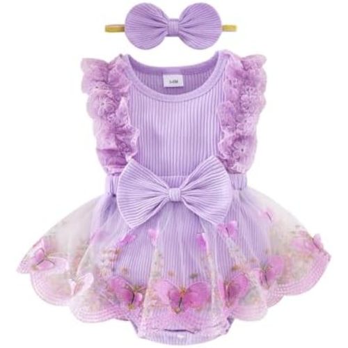 Baby Girl Clothes Infant Summer Outfits Cute Butterflies Mesh Ruffle Sleeveless Romper Headband Set 0-12 Months