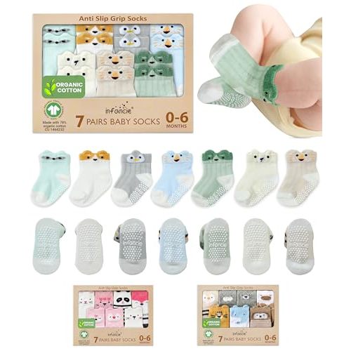 GOTS Organic Cotton Blend 7 Baby Socks 0-6 Months Animal Design Non Slip