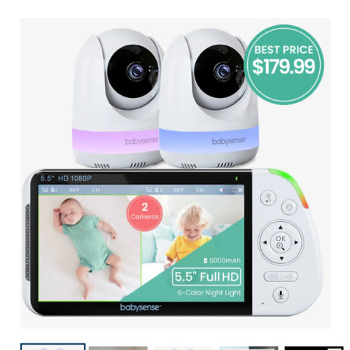 Babysense Max View: Video Baby Monitor with 2 Cameras, Split Screen, Non Wifi, Night Light & Sound Machine
