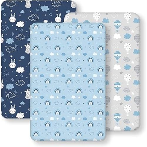 Baby Bedside Bassinet Sheets Fitted, 33”x20” Compatible with Baby Delight Dream On Me & Most Rectangle Bedside Sleeper Bassinet Mattresses, Super Soft Microfiber Blue Cloud Animal